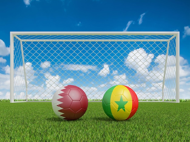 Bolas de futebol em cores de bandeiras no campo de futebol Qatar com campeonato de futebol da Copa do Mundo de Senegal 2022 renderização em 3d