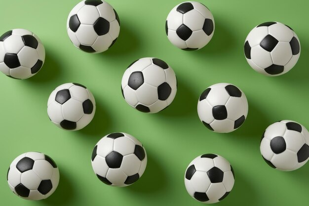 Bolas de futebol em fundo verde com listras pretas e brancas no meio