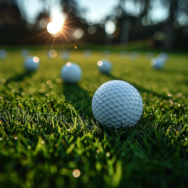 Bolas de golfe cuidadosamente dispostas na grama verde vibrante de um campo de golfe com foco em um clube dourado