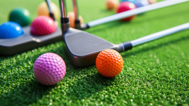 Foto bolas de golfe em miniatura e putters em várias cores