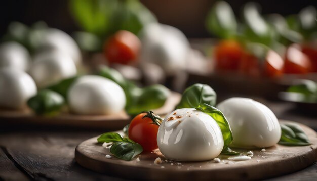 Bolas de mozzarella frescas com manjericão e tomates em tábua de madeira