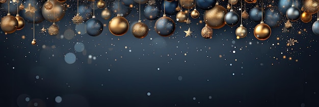 Bolas de natal azuis e douradas penduradas com luzes desfocadas