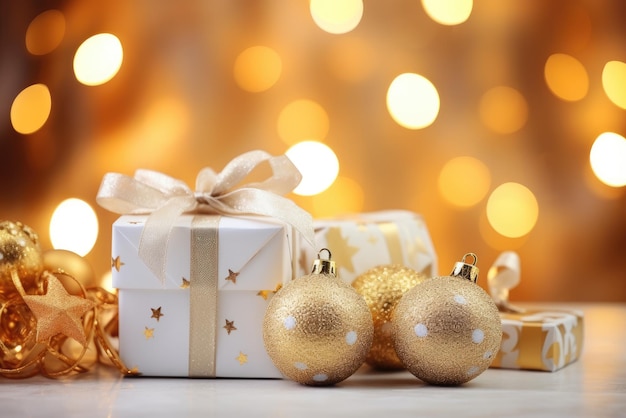 Bolas de Natal brancas e douradas e caixas de presente de Natal