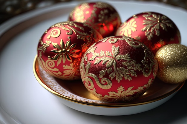 Bolas de Natal brilhantes vermelhas em um prato com um design de mármore
