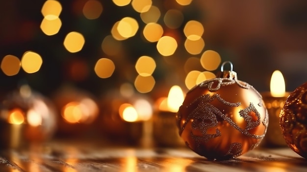 Bolas de Natal com decoração em fundo brilhante geradas por IA