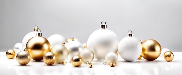 Bolas de Natal douradas e brancas sobre um fundo branco Decoração festiva de Natal bolinha de ouro e floco de neve brilhante