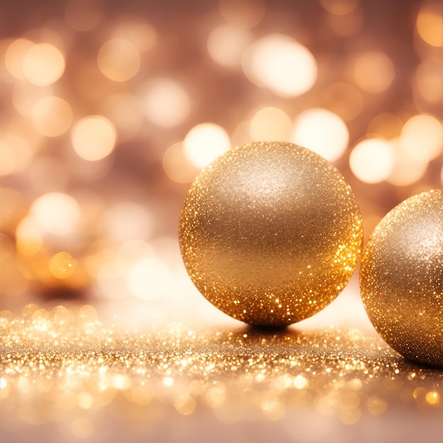 Bolas de natal douradas sobre fundo dourado bokeh Ano novo e conceito de natal