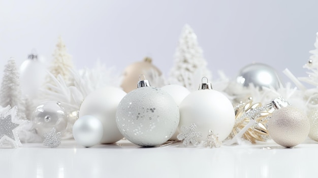 Bolas de Natal e decorações em um fundo branco em celebração festiva