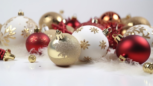 Bolas de Natal e decorações em um fundo branco em celebração festiva