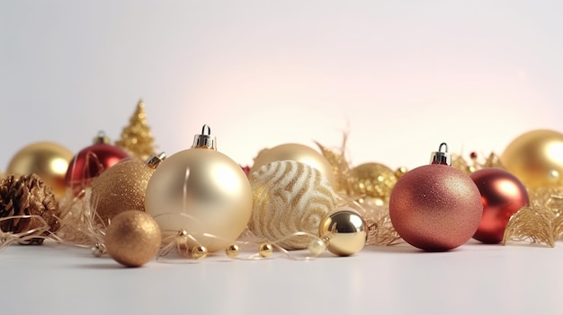 Bolas de Natal e decorações em um fundo branco em celebração festiva