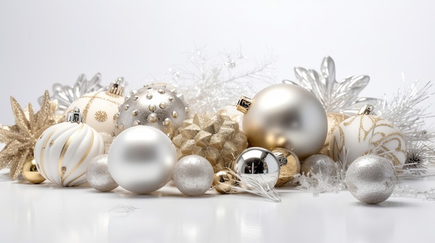 Bolas de Natal e decorações em um fundo branco em celebração festiva