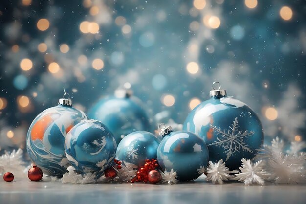 Bolas de Natal e flocos de neve em fundo abstrato