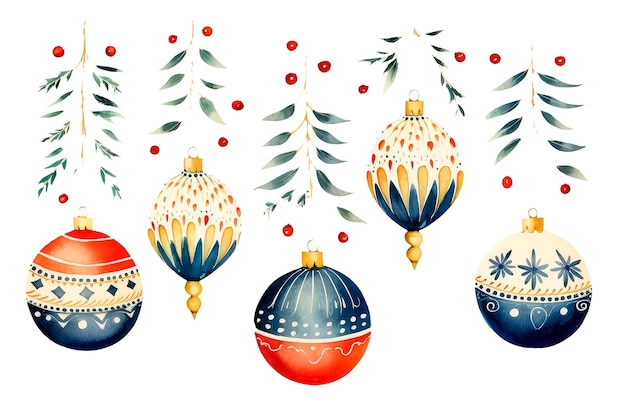 Bolas de Natal e guirlandas Tema de Natal e Ano Novo em estilo aquarela isolado em branco