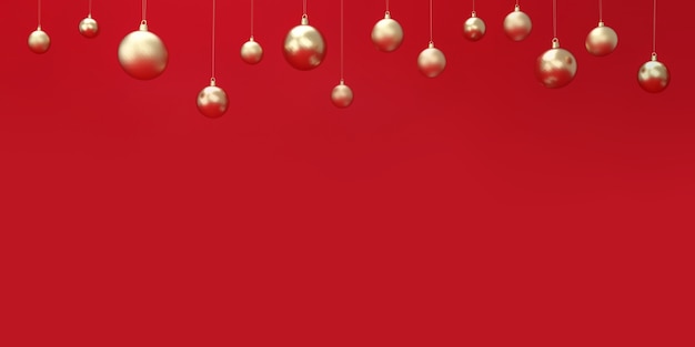 Bolas de Natal em fundo vermelho. Renderização 3D.