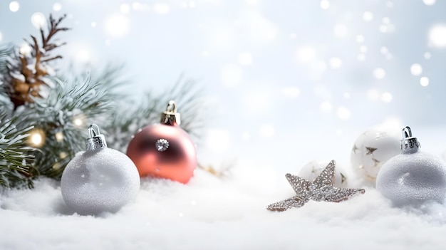 Bolas de Natal na neve com uma estrela no fundo