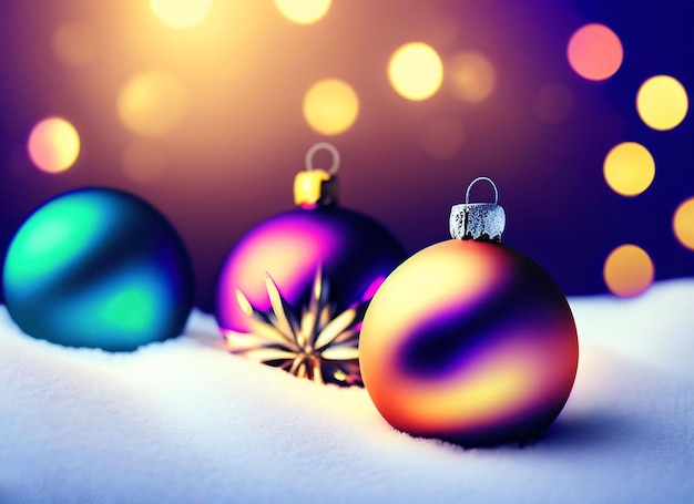 Bolas de Natal ou decorações na neve em um fundo de inverno brilhante