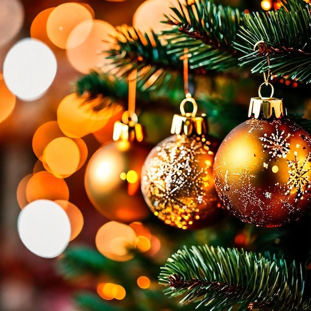 Foto bolas de natal penduradas em uma árvore de xmass laranja claro e ouro escuro fundo desfocado natal ou