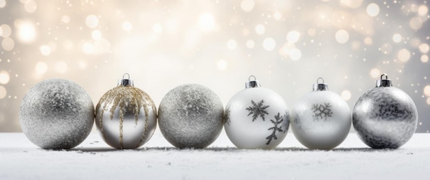 bolas de Natal prateadas em um fundo branco de gelo em uma cena de inverno