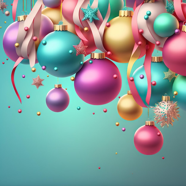 Foto bolas de natal ultra macias engraçadas em uma fita isolada em fundo rosa cores pastel cartaz e banner coloridos ilustração 3d do estilo de ar mínimo dos desenhos