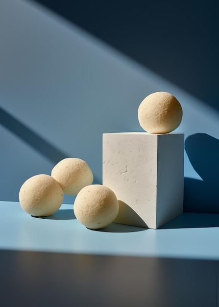 Bolas de pão de queijo brasileiro no fundo azul Minimalismo