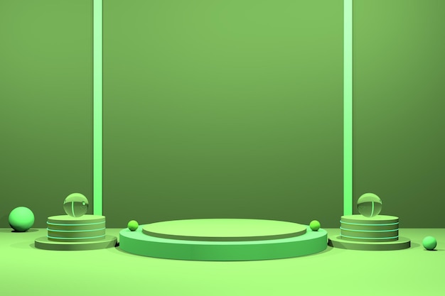 Bolas de pedestal de fundo verde luz verde e moldura brilhante verde néon. Renderizador 3D verde conceitual do fundo abstrato.