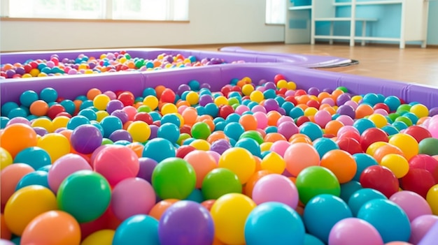 Bolas de plástico coloridas na piscina da sala de jogos