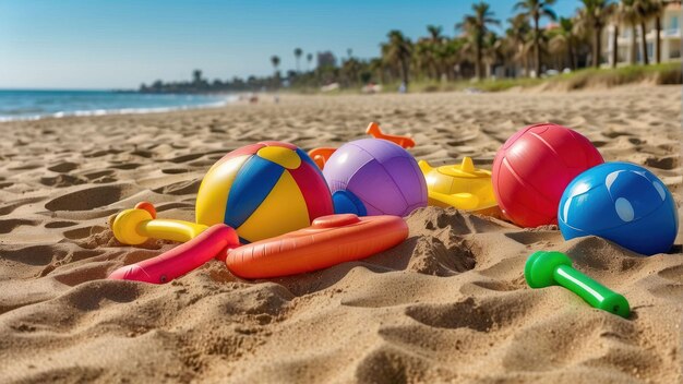 Bolas de praia coloridas espalhadas pela praia de areia