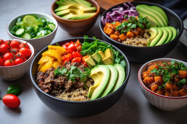 Bolas de preparação de refeições veganas com vegetais de quinoa e abacate