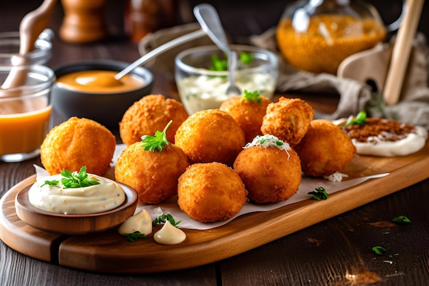 Bolas de queijo à milanesa em uma tábua de madeira fast food gerada por IA