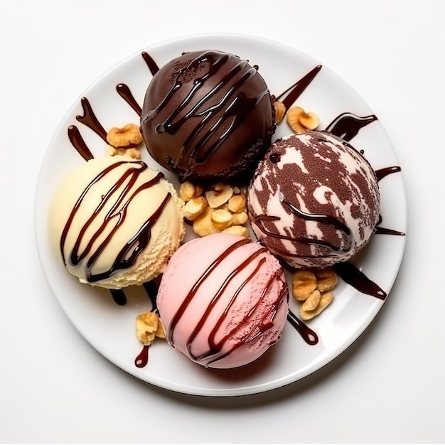 Bolas de sorvete com chocolate e nozes em fundo branco Vista superior