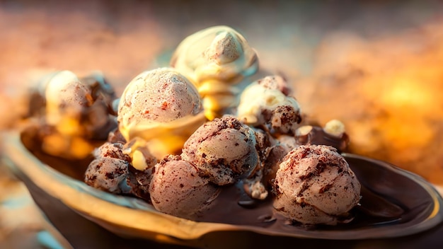 Bolas de sorvete de chocolate apetitosas e baunilha