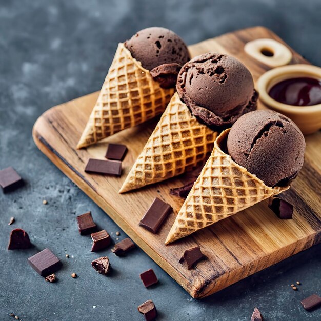 Bolas de sorvete de chocolate em cones de waffle em uma placa de madeira