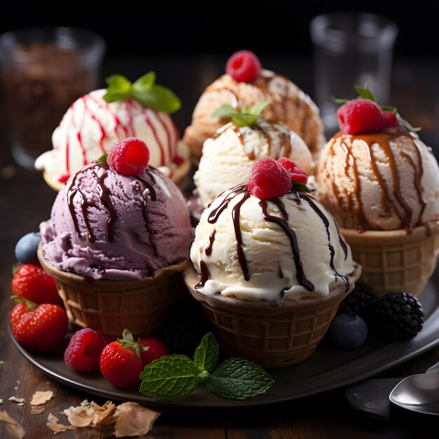 Bolas de sorvete em cones de waffle com frutas e hortelã em fundo de madeira