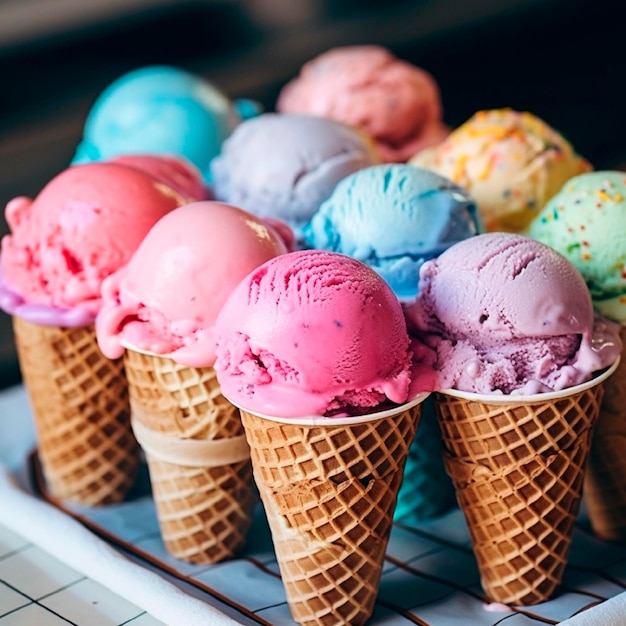 Bolas de sorvete rosa azul roxo e verde em cones de waffle fecham a IA gerada
