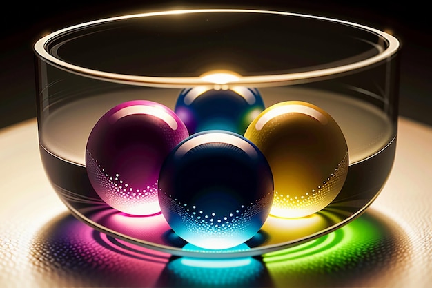 Bolas de vidro coloridas brilham através da luz emitindo belos efeitos coloridos de luz e sombra