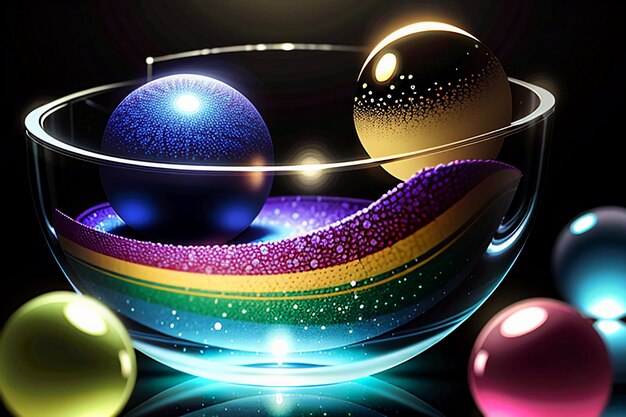 Bolas de vidro coloridas brilham através da luz emitindo belos efeitos coloridos de luz e sombra