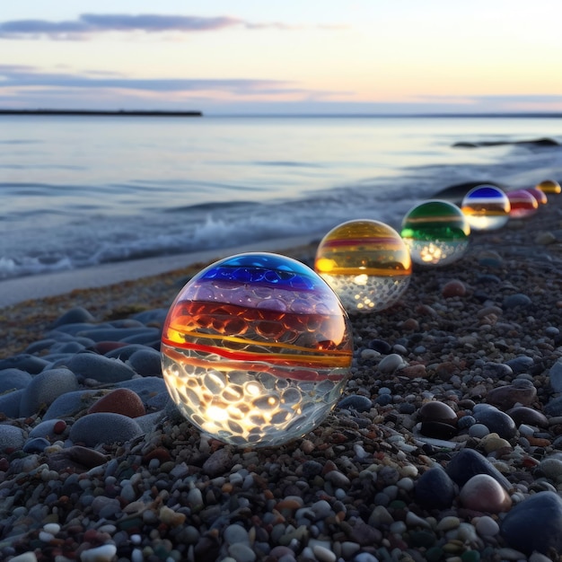 Bolas de vidro em uma praia com o pôr do sol atrás delas