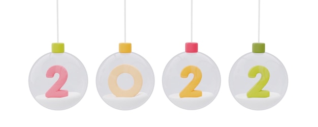Bolas de vidro penduradas na fita com número colorido 2022 Feliz Natal e Feliz Ano Novo 3d renderização