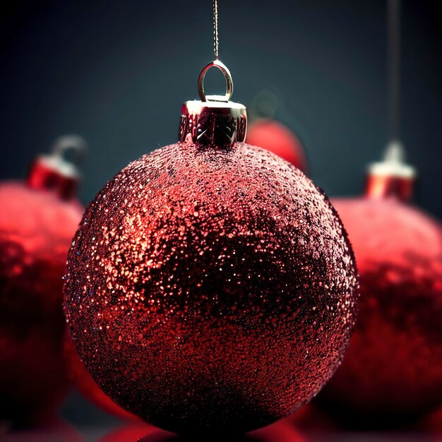 Bolas decorativas de Natal vermelhas e brilhantes isoladas em fundo escuro