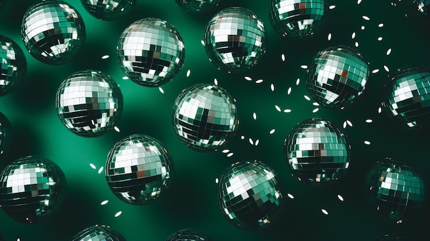 Bolas de discoteca plateadas brillantes sobre un fondo verde