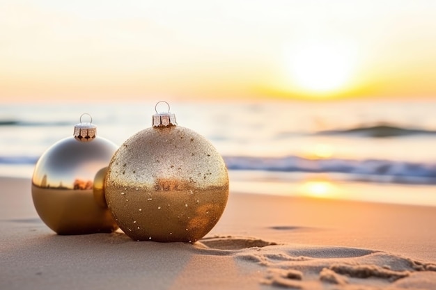 Las bolas doradas de Navidad en la playa