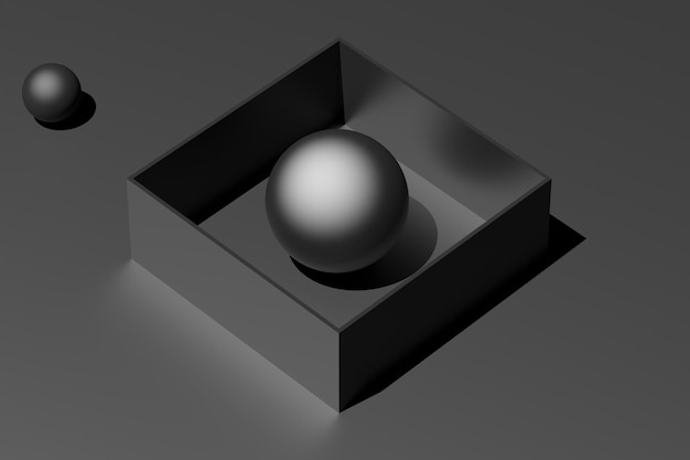 Bolas e paredes de metal Abstração de caixa e bola Fundo de design preto 3D render ilustração