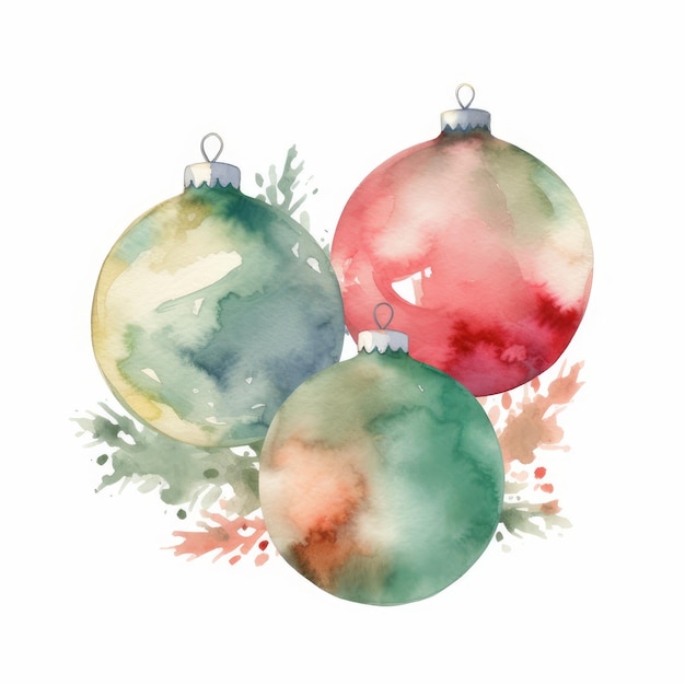 Bolas elegantes em aquarela para árvore de Natal em fundo branco gerada por IA