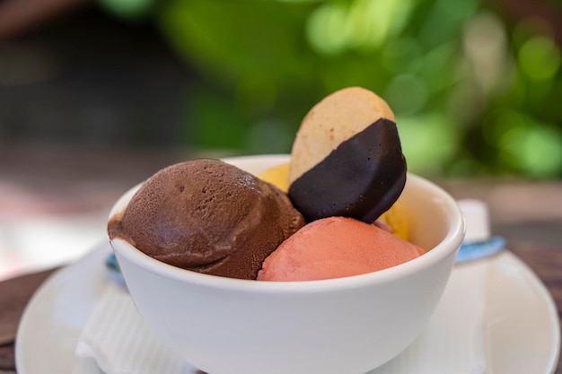 Bolas de helado de chocolate, fresa y mango con galletas en un primer plano de tazón blanco