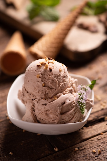 Bolas de helado de chocolate y vainilla en la placa de cerca