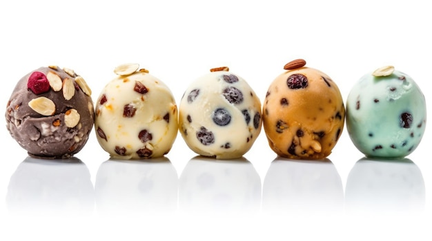 Bolas de helado de colores con nueces y chispas de chocolate en fila aisladas en un fondo blanco