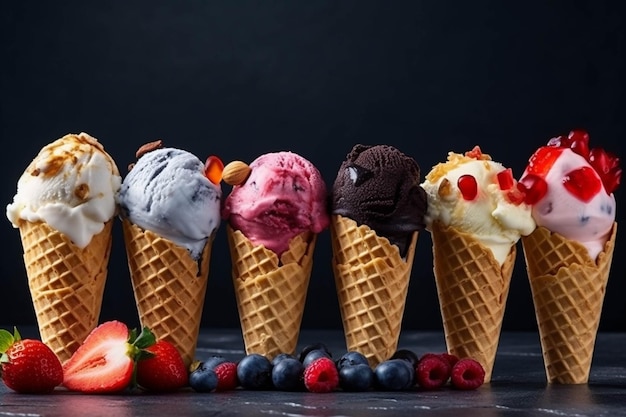 Bolas de helado en conos de gofres con vista superior de bayas