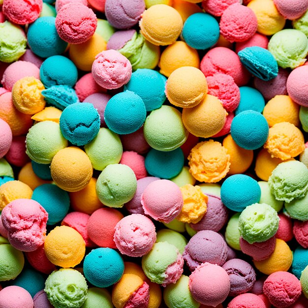 bolas de helado de diferentes colores y sabores junto con un disparo aéreo
