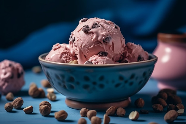 Bolas de helado rosa con chocolate aislado en una mesa de madera en un bol