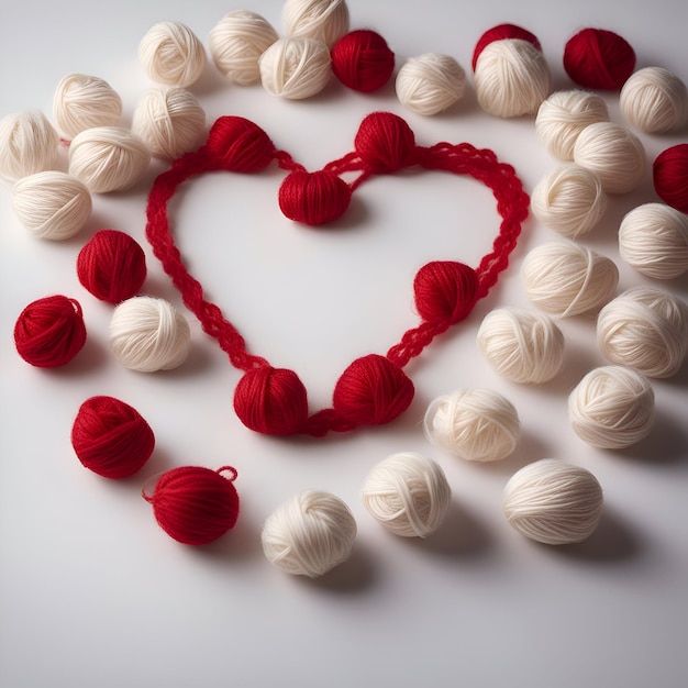 Bolas de hilo blanco y rojo en forma de corazón sobre un fondo blanco